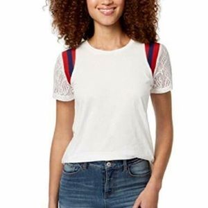 Rebellious One Lace Sleeve Tee w/ Red & Navy Shoulder Stripes